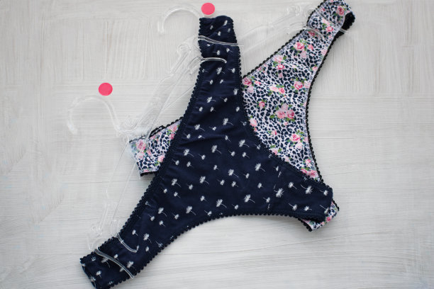 深蓝色的内衣。白色背景上的蓝色蕾丝丁字裤。图片下载