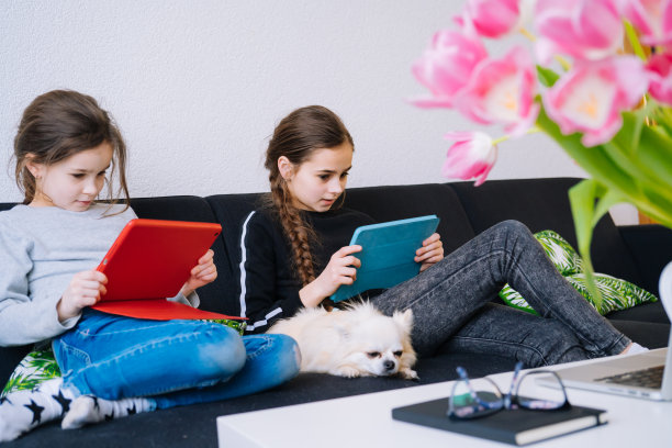 在线教育，远程教育，家庭教育。孩子们戴着医用口罩在家里通过笔记本电脑的数字平板电脑在线学习作业。隔离的社会距离。Self-isolation图片下载