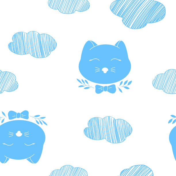 无缝图案与可爱的猫头与一个弓和绘制的云彩。手绘。图片下载