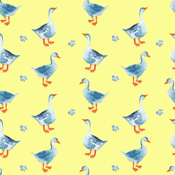 家禽无缝模式:水彩卡通鹅孤立在黄色背景。图片下载