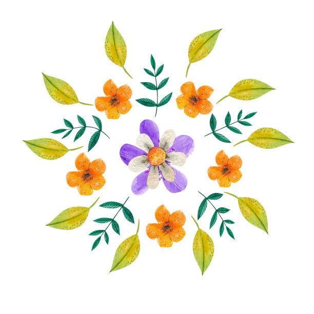 水彩曼陀罗与绿色的叶子，雏菊和其他花在白色的背景图片下载