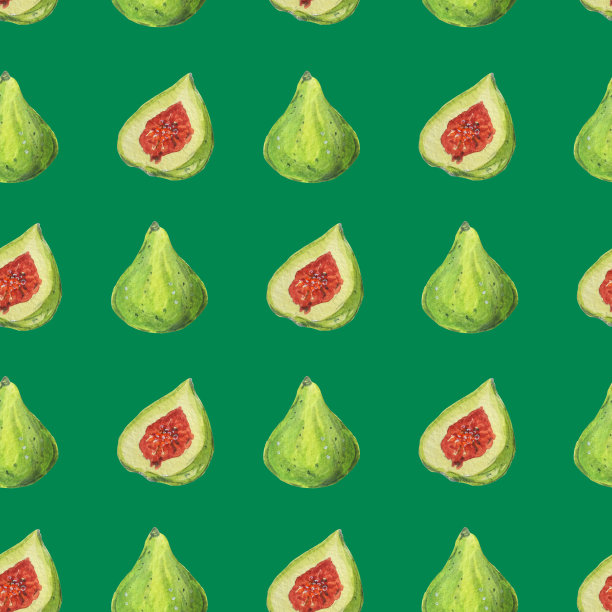 植物无缝格局与无花果。水彩插图。图片下载