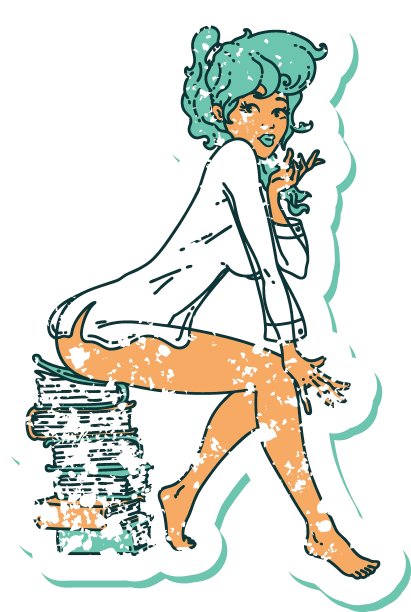 心疼贴纸纹身风格的图标，一个海报女郎坐在书上图片下载