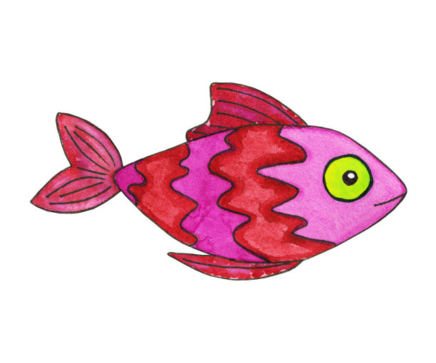 有黄色眼睛的明亮有趣的鱼。鲜明的对比的颜色。绿色，黄色，粉红色，棕色的波浪条纹。图片下载