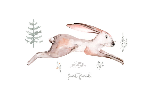 林地里可爱的水彩画动物宝宝兔子。苗圃兔斯堪的那维亚野兔森林苗圃海报设计。孤立的小兔子性格图片下载