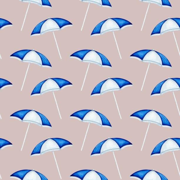 无缝图案用水彩蓝白撑开的太阳伞。手绘夏季配件在米色背景设计图片下载