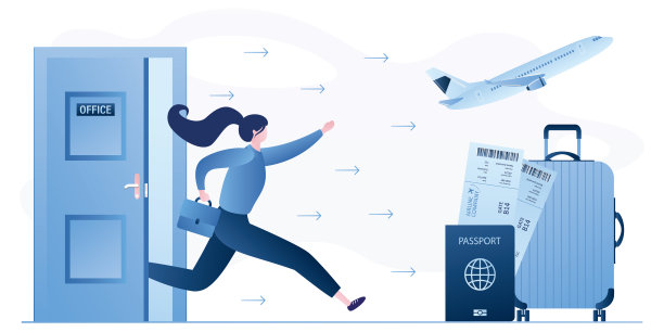 女商人从办公室跑到旅行和度假。行李，带登机牌的护照和飞机起飞。图片下载