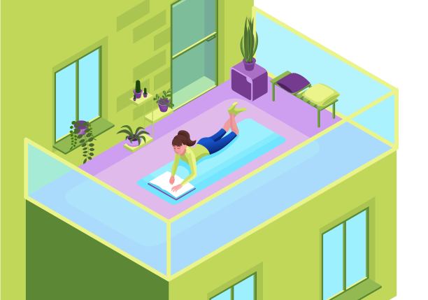 女孩在住宅楼的阳台上看书，呆在家里和安全概念，卡通人物远程学习，远程教育三维等距矢量插图图片下载
