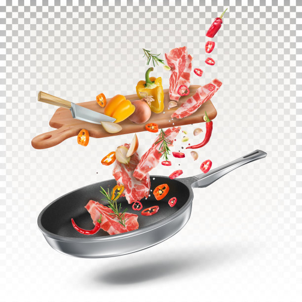 生肉牛排，蔬菜，辣椒，洋葱，香料，用刀切在厨房板上，落入锅中。烹饪过程。矢量三维插图图片下载