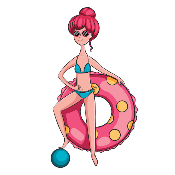 一个穿着泳衣的小女孩站在海滩的救生索旁边。图片下载