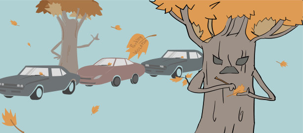 2D平面，抽象的警告概念，树木都采取停车违章，矢量设计搞笑卡通人物，创意插画图标和符号的精心背景。图片下载