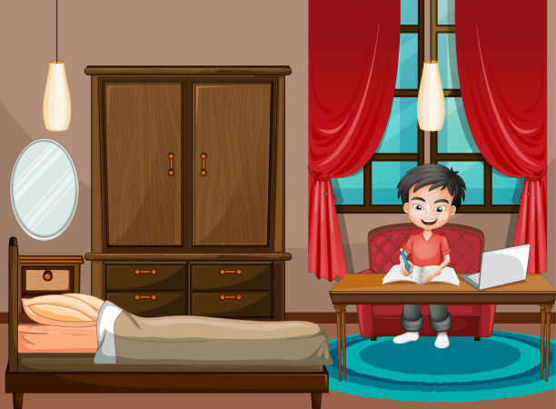 男孩在卧室里玩电脑的场景图片下载