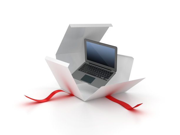 礼品盒与电脑笔记本电脑- 3D渲染图片下载