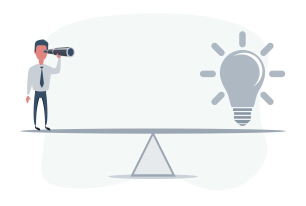 在跷跷板上寻找大点子的商人。人用望远镜寻找成功、机会、未来的商业趋势图片下载