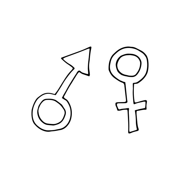 手绘涂鸦插图与性别符号。WC概念设计。火星和维纳斯的符号。孤立在白色背景下图片下载