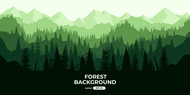 无缝的森林景观。五颜六色的剪影与树木，松树，冷杉，山和小山。带有视差效果的分层背景。平面风格矢量插图。简单的卡通设计。图片下载