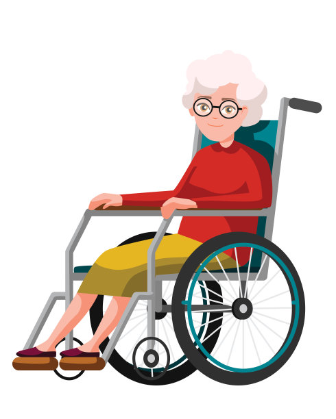 老年妇女坐在轮椅上的矢量插图。卡通现实的人。平的女人。前视图。等距视图。祖母，身体残疾的快乐老人。图片下载