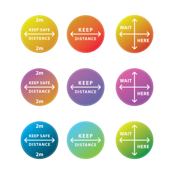 圆形地板标志用于社交距离，标志保持安全距离。隔离冠状病毒、covid-19警告、人物图标、矢量贴纸、圆形渐变图图片下载