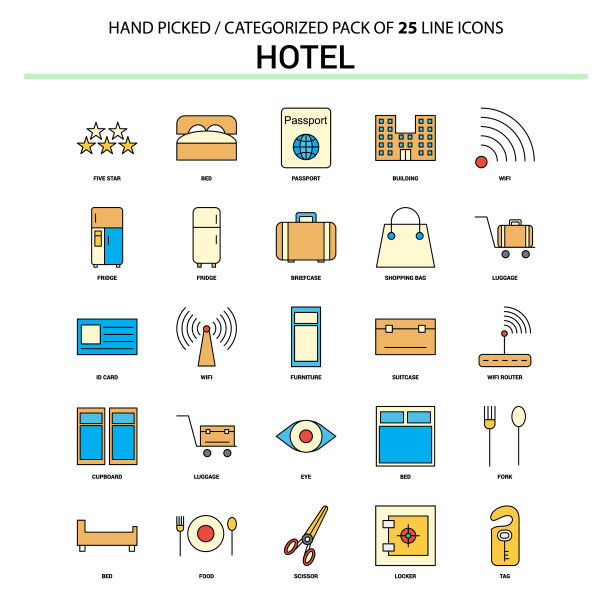 酒店平面线条图标集-商业概念图标图片下载