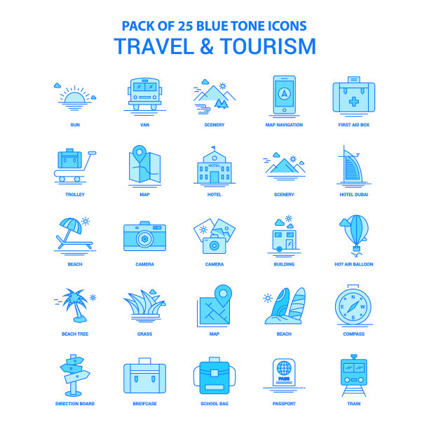 旅游和旅游的蓝色色调图标包- 25图标图片下载