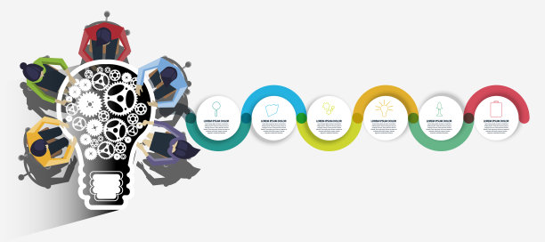 商人和女士头脑风暴与灯泡，齿轮-现代的想法和概念插图平面矢量-信息图，模板，步骤。图片下载