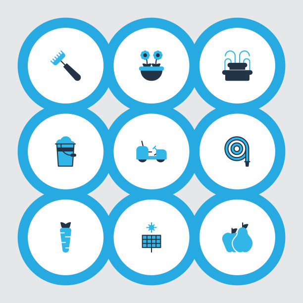 花园图标彩色设置与喷泉软管太阳图片下载