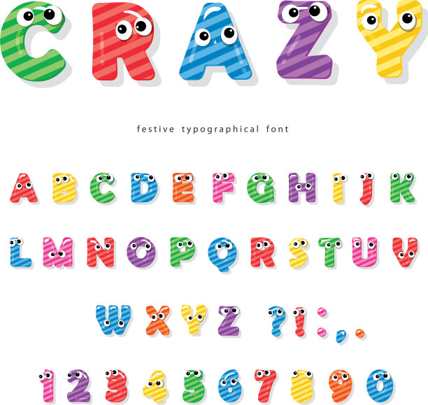 有趣的儿童字体与眼睛卡通光泽鲜艳图片下载