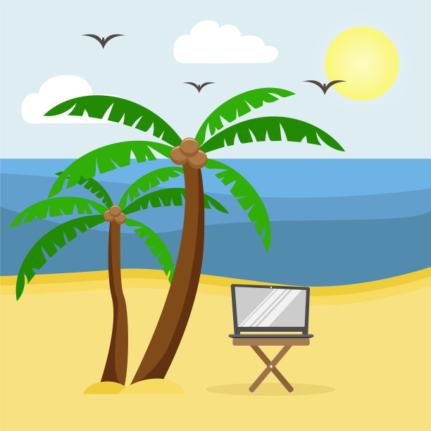 桌子与笔记本电脑在沙滩上与棕榈图片下载