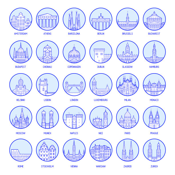 欧洲城市的大型收藏徽章图片下载