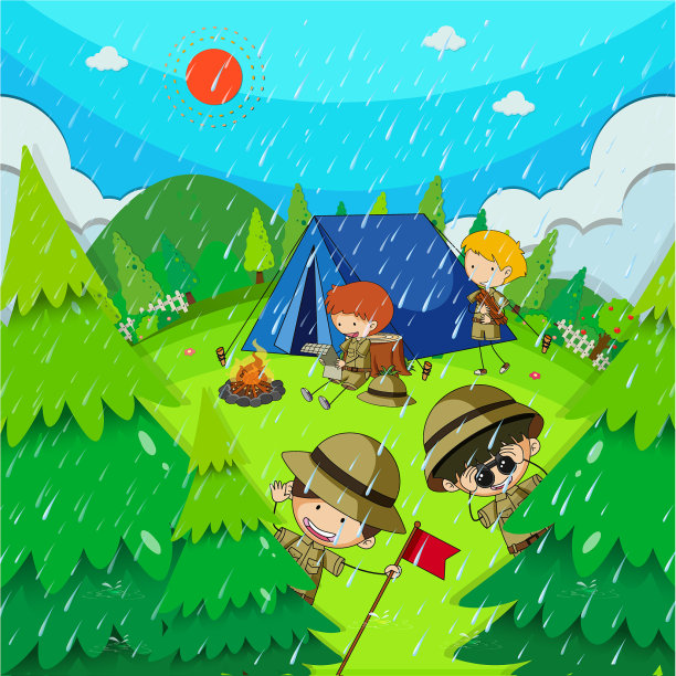 孩子们下雨天在公园里露营图片下载