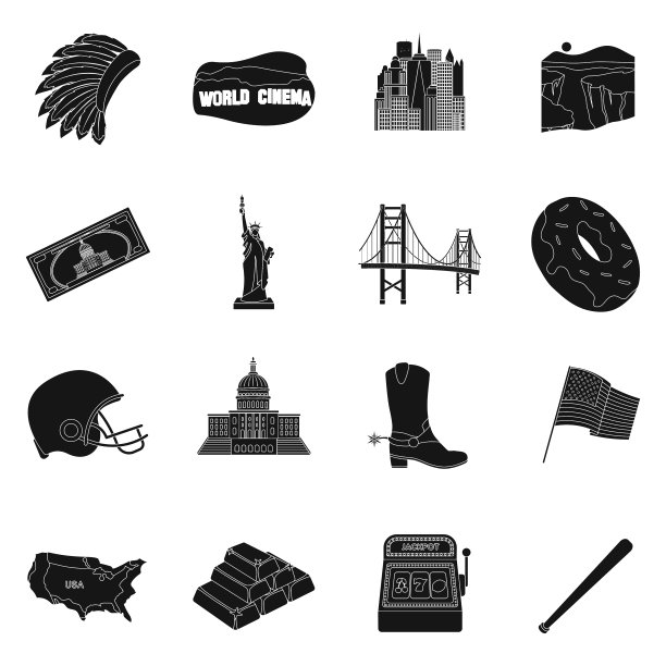 美国国家设置图标在黑色风格大图片下载