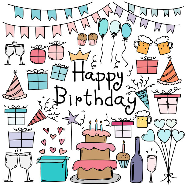 手绘涂鸦快乐生日套装图片下载