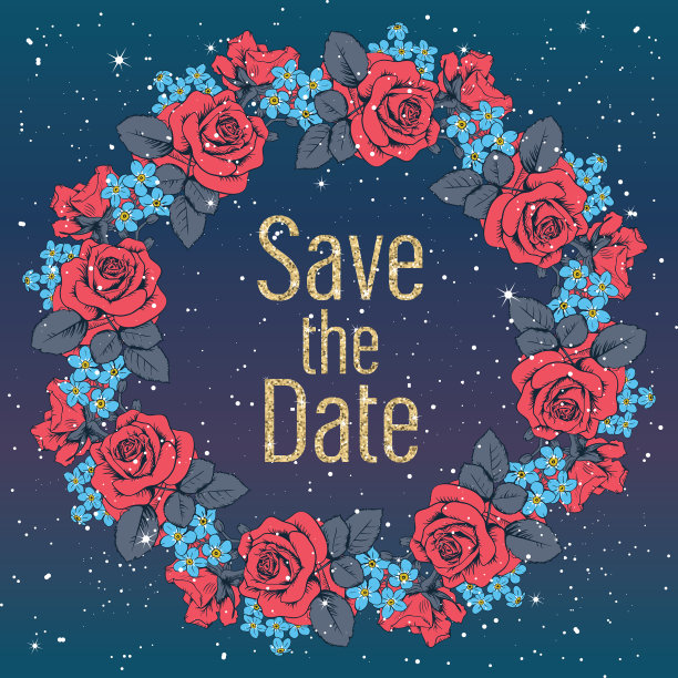 红色的玫瑰和蓝色的肌炎花环在黑暗中图片下载