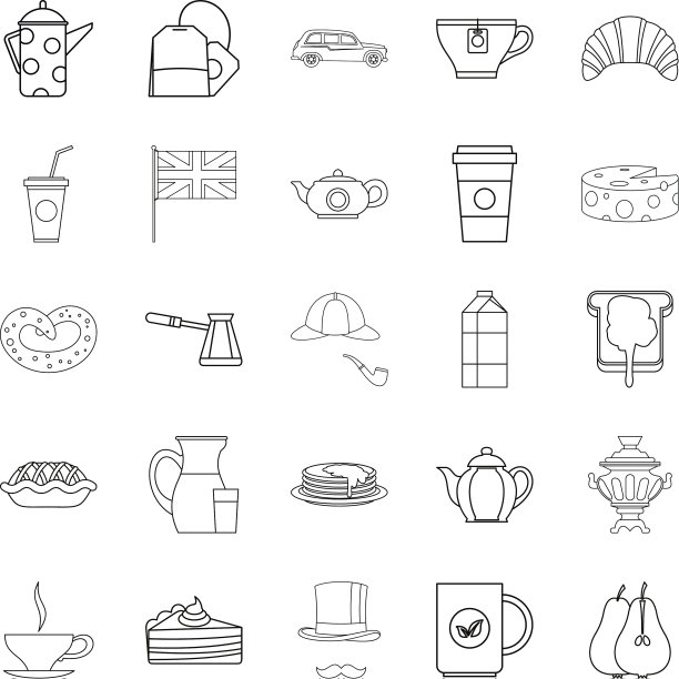 马克杯的茶图标设置轮廓风格图片下载