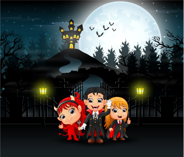卡通的孩子穿着万圣节服装与一个b图片下载