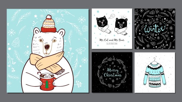 戴着红帽子的北极熊和冬天的背景图片下载