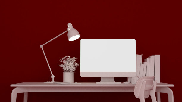 深红色背景的工作场所-商业艺术品或办公空间的室内设计- 3D渲染图片下载