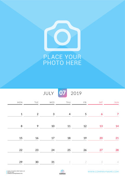 挂历为2019年7月设计打印模板图片下载