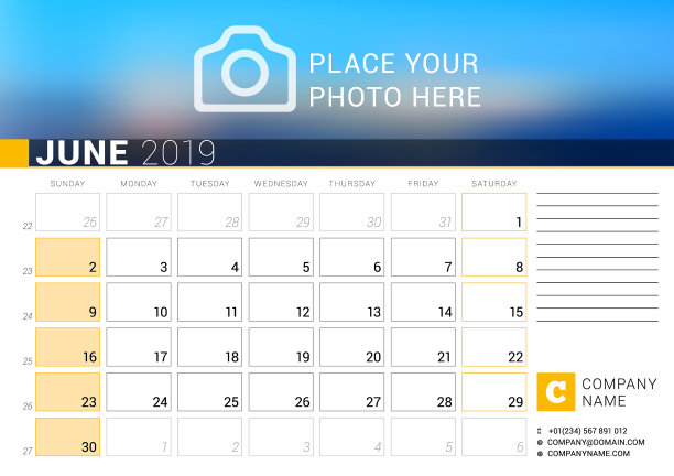 日历为2019年6月设计打印模板图片下载