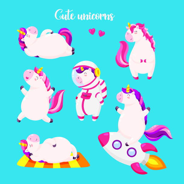 一套有趣的卡通魔法独角兽徽章图片下载