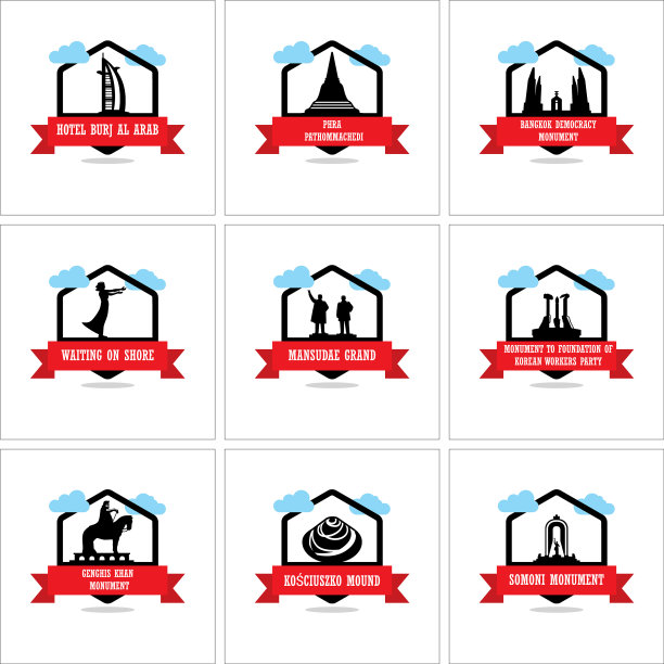 世界著名的纪念碑和地标图标集图片下载