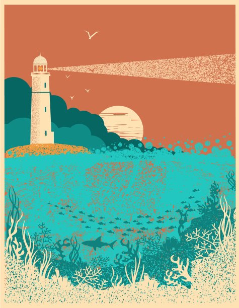 日落上的灯塔，海面下的海浪图片下载