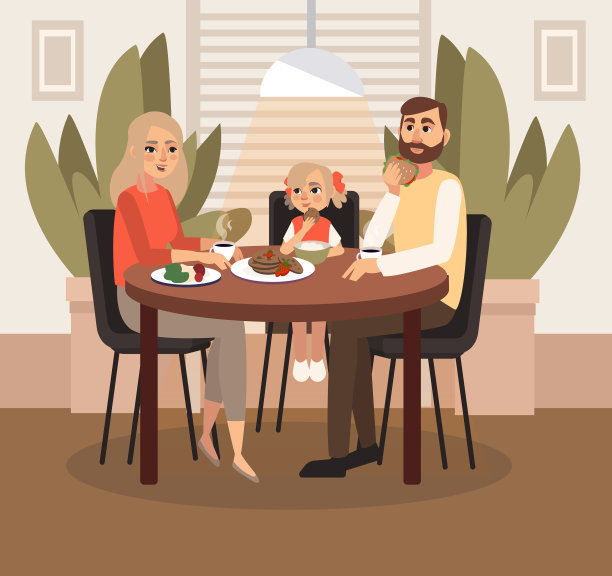 一对已婚夫妇带着一个孩子正在吃早餐图片下载