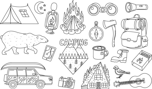 一套可爱的露营元素贴纸涂鸦图片下载