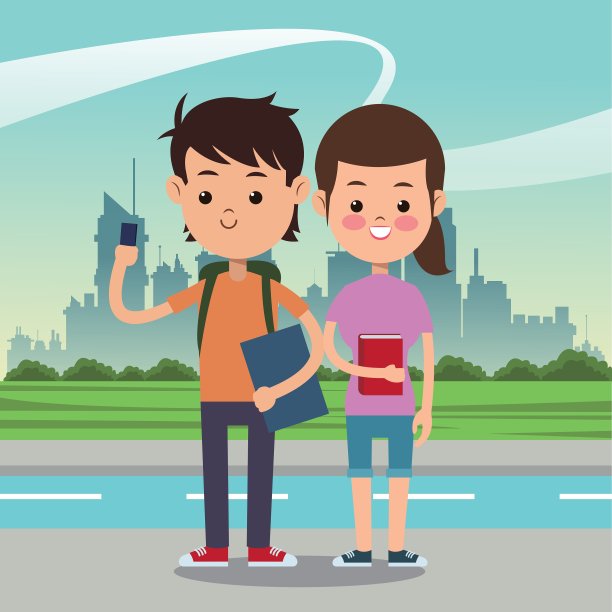 男孩女孩移动书包回学校市区图片下载