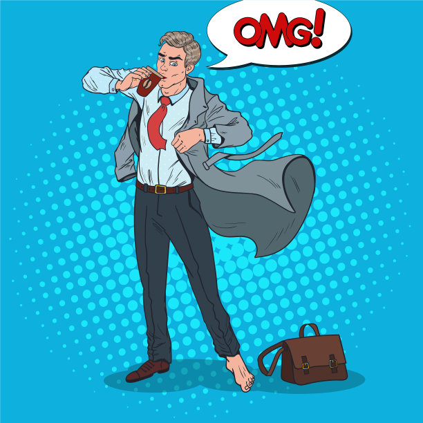 波普艺术商人上班迟到喝咖啡的男人图片下载