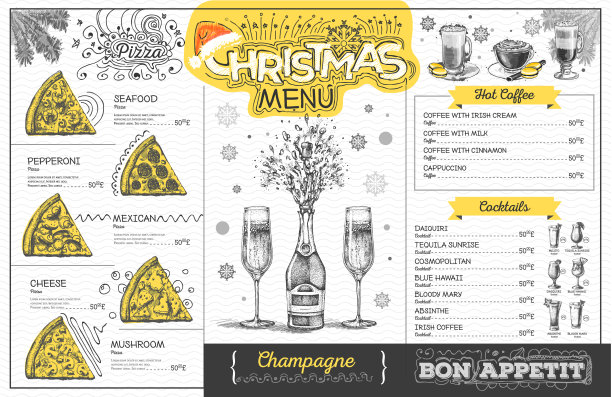 假日圣诞菜单设计与香槟图片下载
