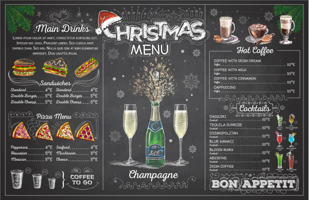 假日圣诞菜单设计与香槟图片下载