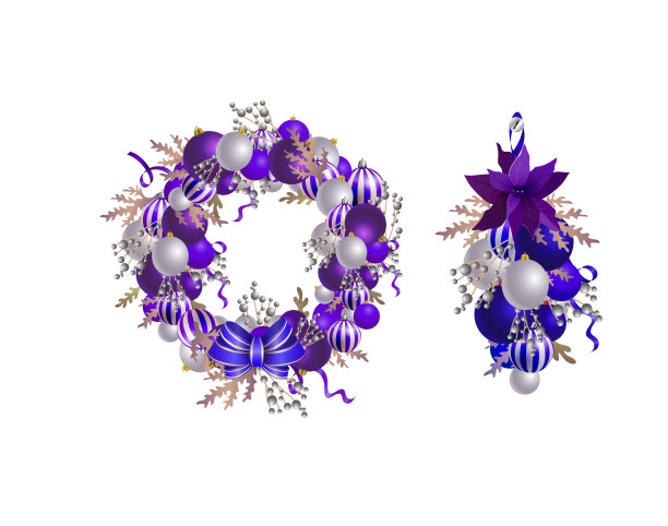 带彩带、球和蝴蝶结的圣诞花环图片下载