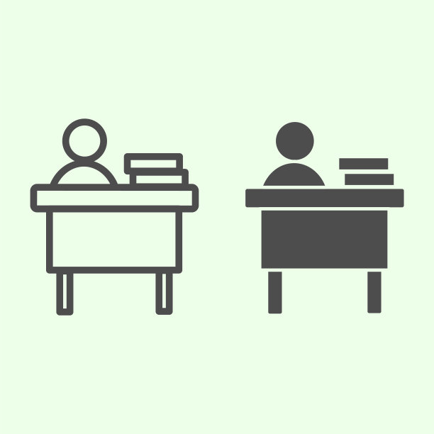 办公室工作场所线和固体图标。商人工作在书桌与书大纲风格象形图上的白色背景。移动概念和网页设计的工作和工作标志。矢量图形。图片下载